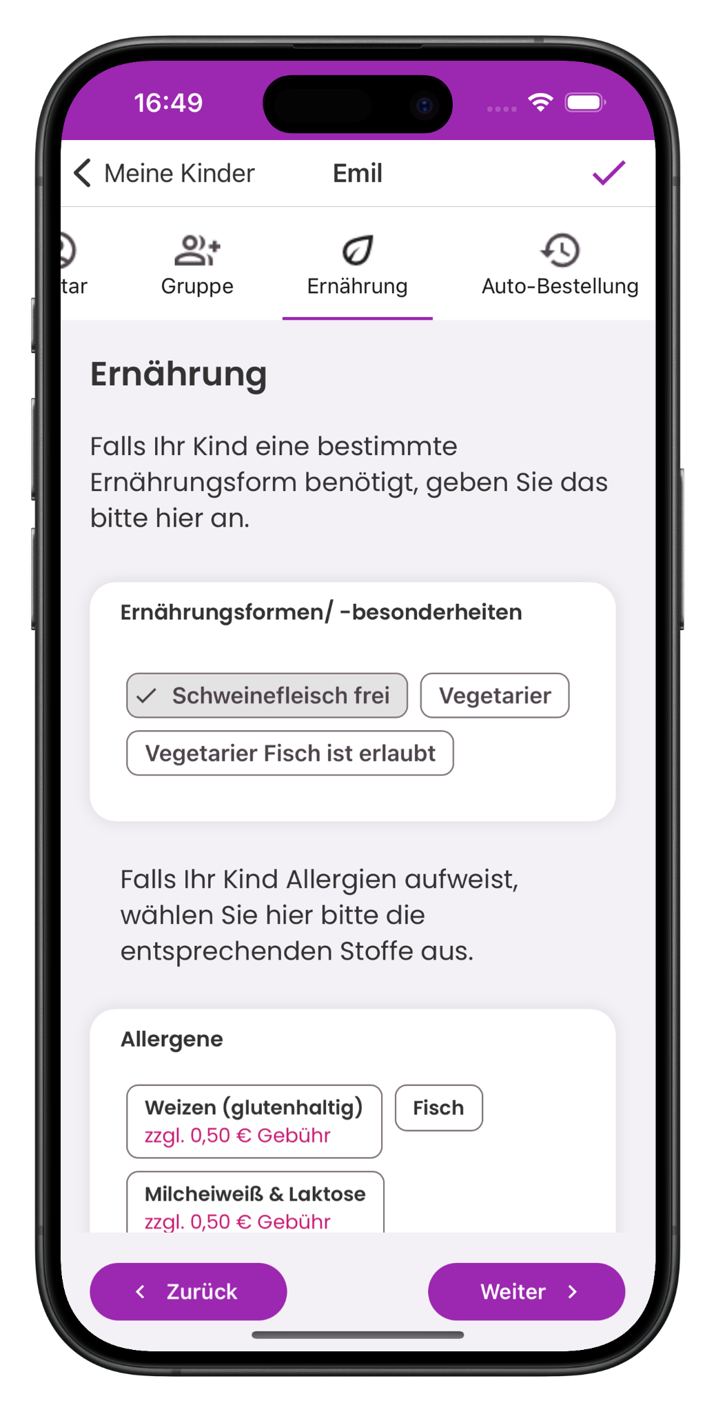Auswahl von Ernährungsformen und Allergenen für ein Kind