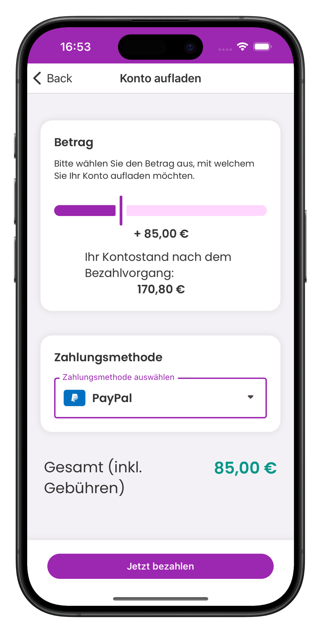 Guthabenaufladung mit PayPal in der LilaLöffel App